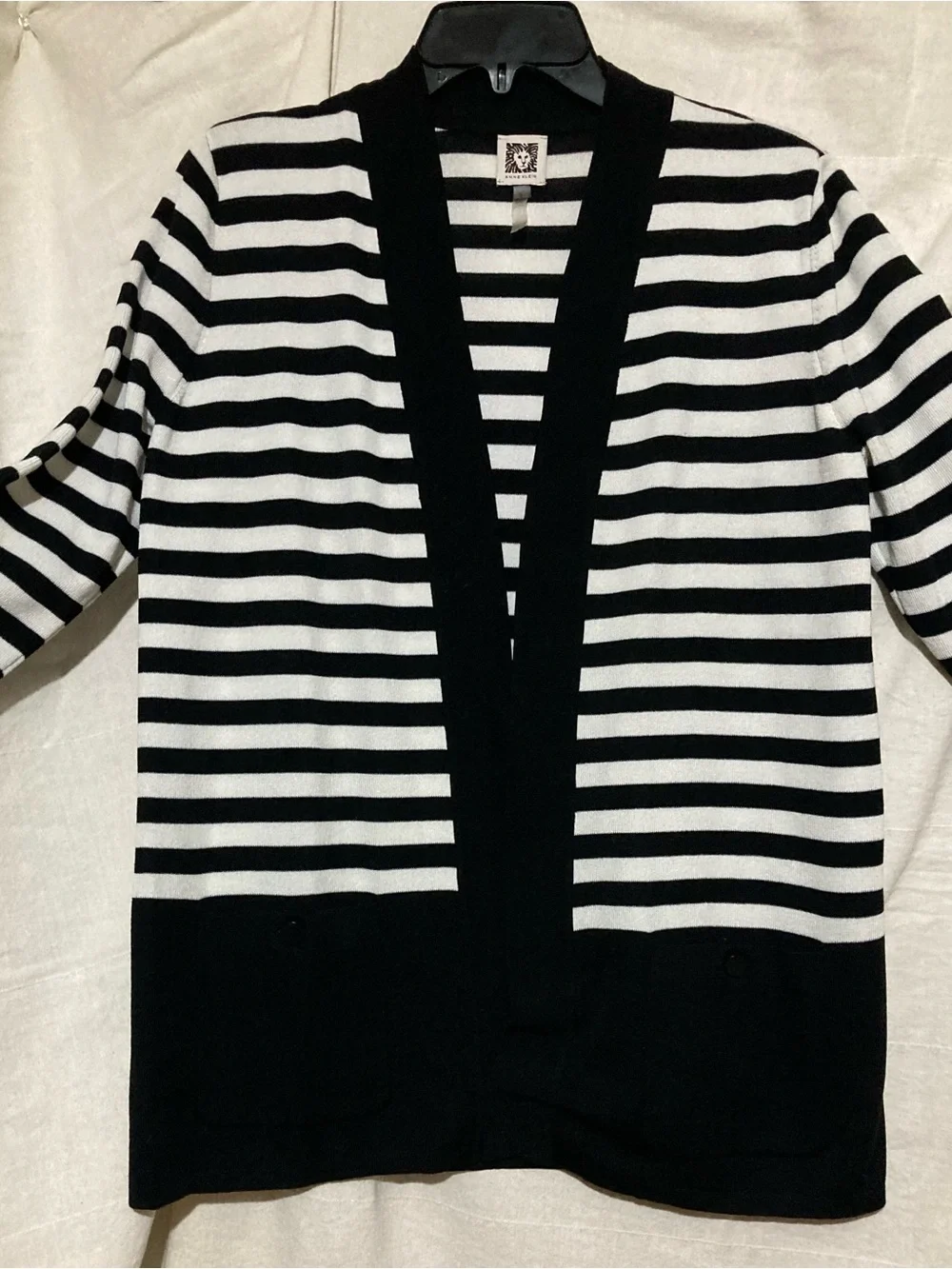Anne Klein Black and White Striped Open-Front Cardigan